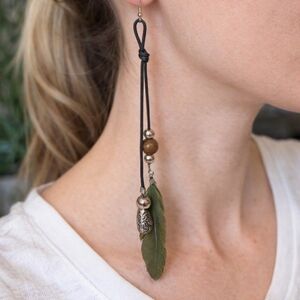 Green Feather Earrings | Boho Dangle Earrings with Silver Beads Nature Style